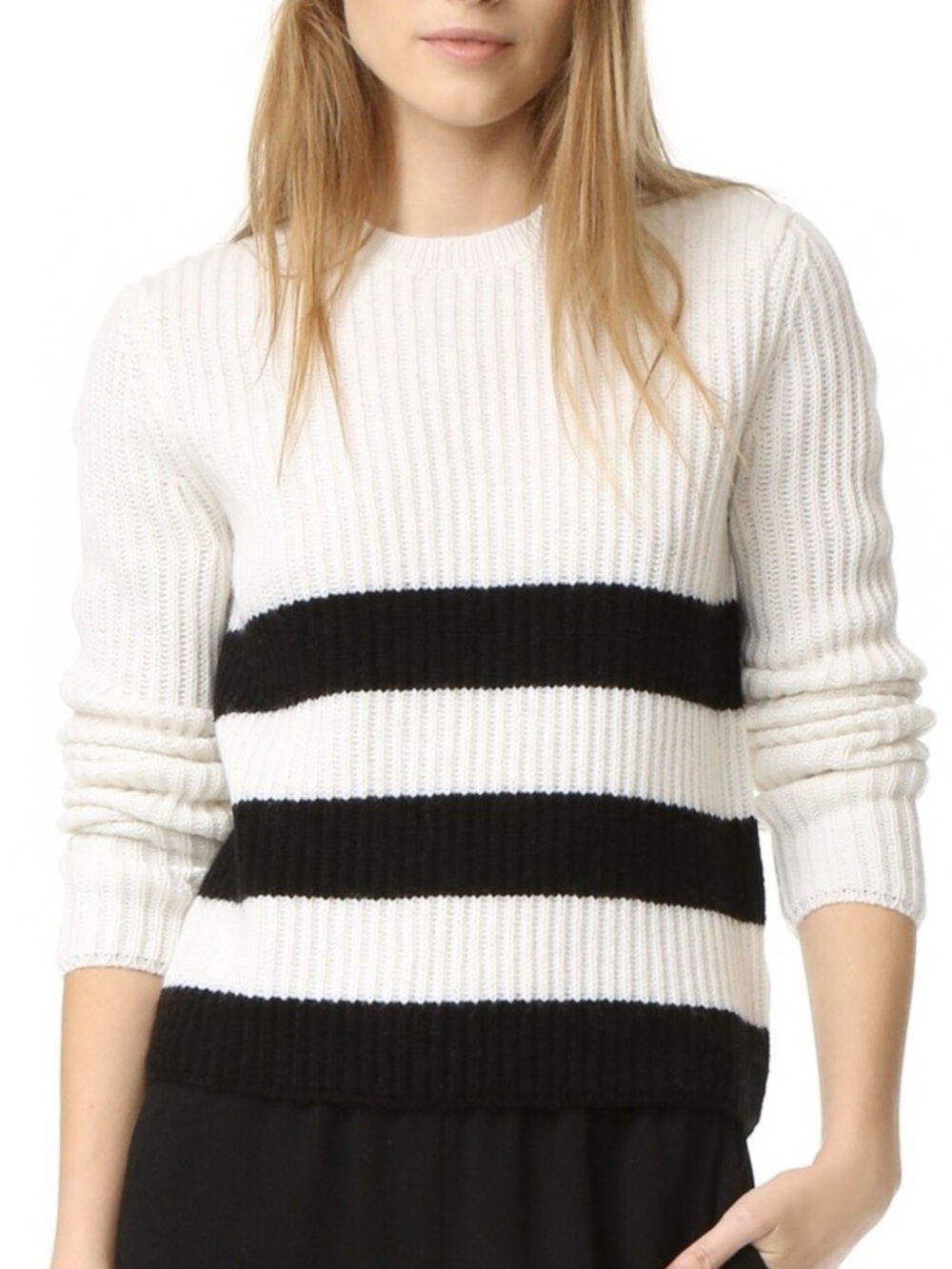 Equipment Crew Neck Stripe Knit Sweater in White and Black Wool & Alpaca